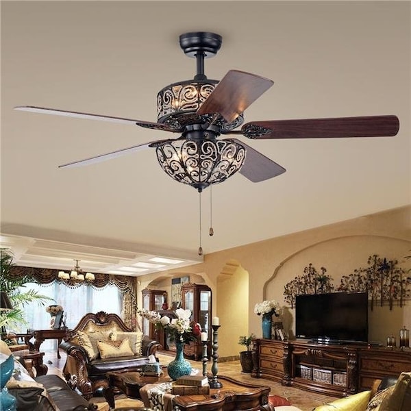 Warehouse Of Tiffany Warehouse of Tiffany CFL-8423MB 52 in. Tisaphon Indoor Hand Pull Chain Ceiling Fan with Light Kit; Black CFL-8423MB - main